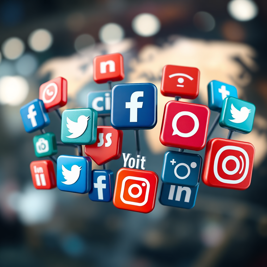 A photorealistic image showcasing various social media icons arranged in a dynamic and visually appealing manner. The background is blurred, suggesting a global reach and interconnectedness. The lighting should be vibrant and energetic, emphasizing the dynamism and reach of social media.