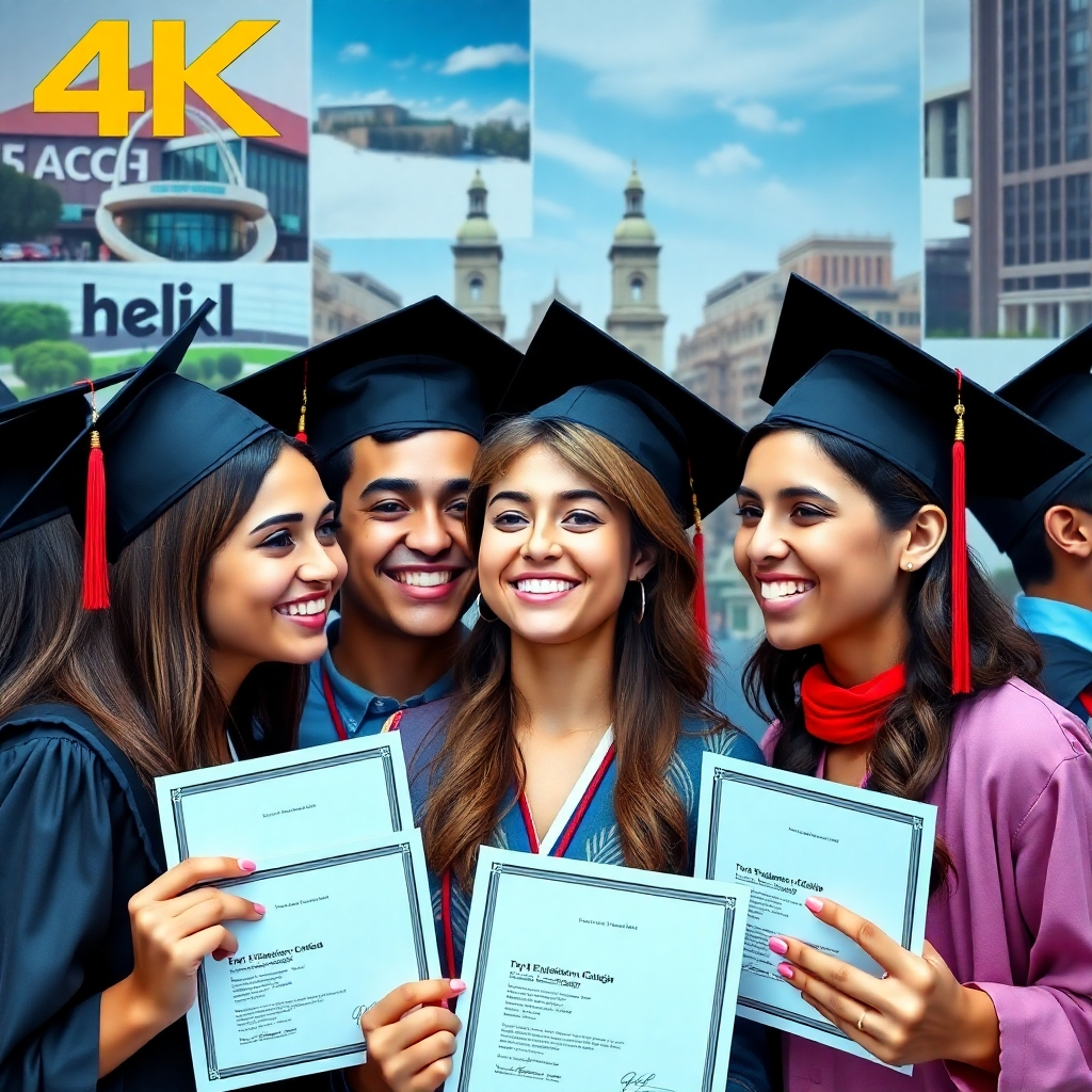 A photorealistic image showcasing successful students, with graduation caps and certificates, celebrating achievements. The background features images of top engineering and medical colleges, showcasing the potential outcomes. 4K resolution, high quality.