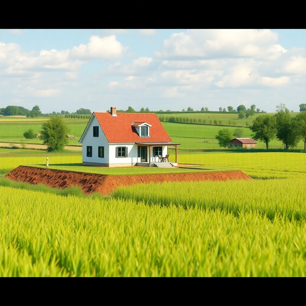 A photorealistic image showing a newly built house on a plot of land or thriving crops/businesses in a field. The style should represent prosperity and long-term stability.
