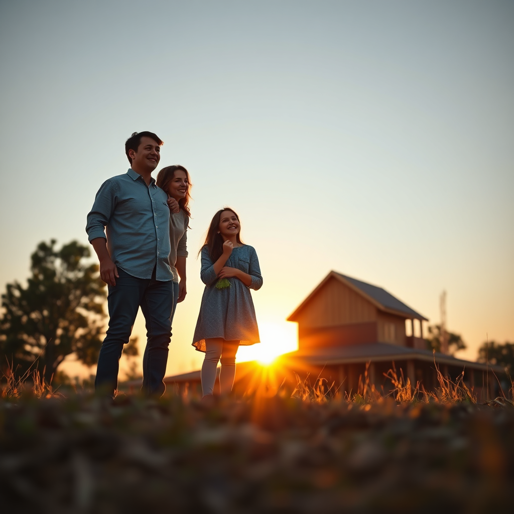 A photorealistic image showing a family standing on a plot of land at sunrise. The family consists of two adults and a child, all smiling and looking towards the rising sun. Behind them, a blueprint of a house is subtly visible, suggesting future construction. The color palette is warm and optimistic. The camera angle is low, emphasizing the family's connection to the land. This image symbolizes a secure future and the promise of homeownership.