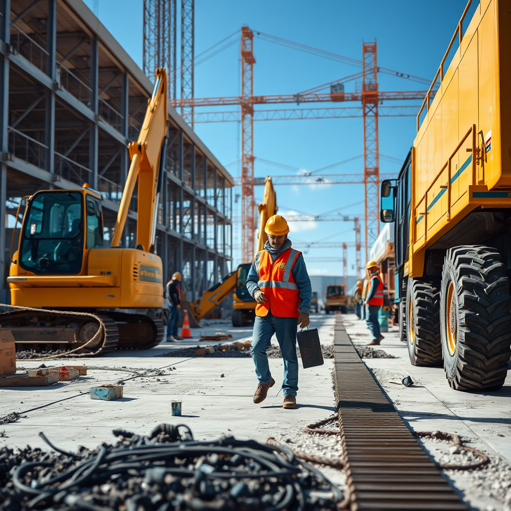 A photorealistic image showing a construction site with modern machinery and skilled workers. The scene conveys progress and efficiency. The lighting is bright and the colors are vibrant, highlighting the dynamism of the construction process.