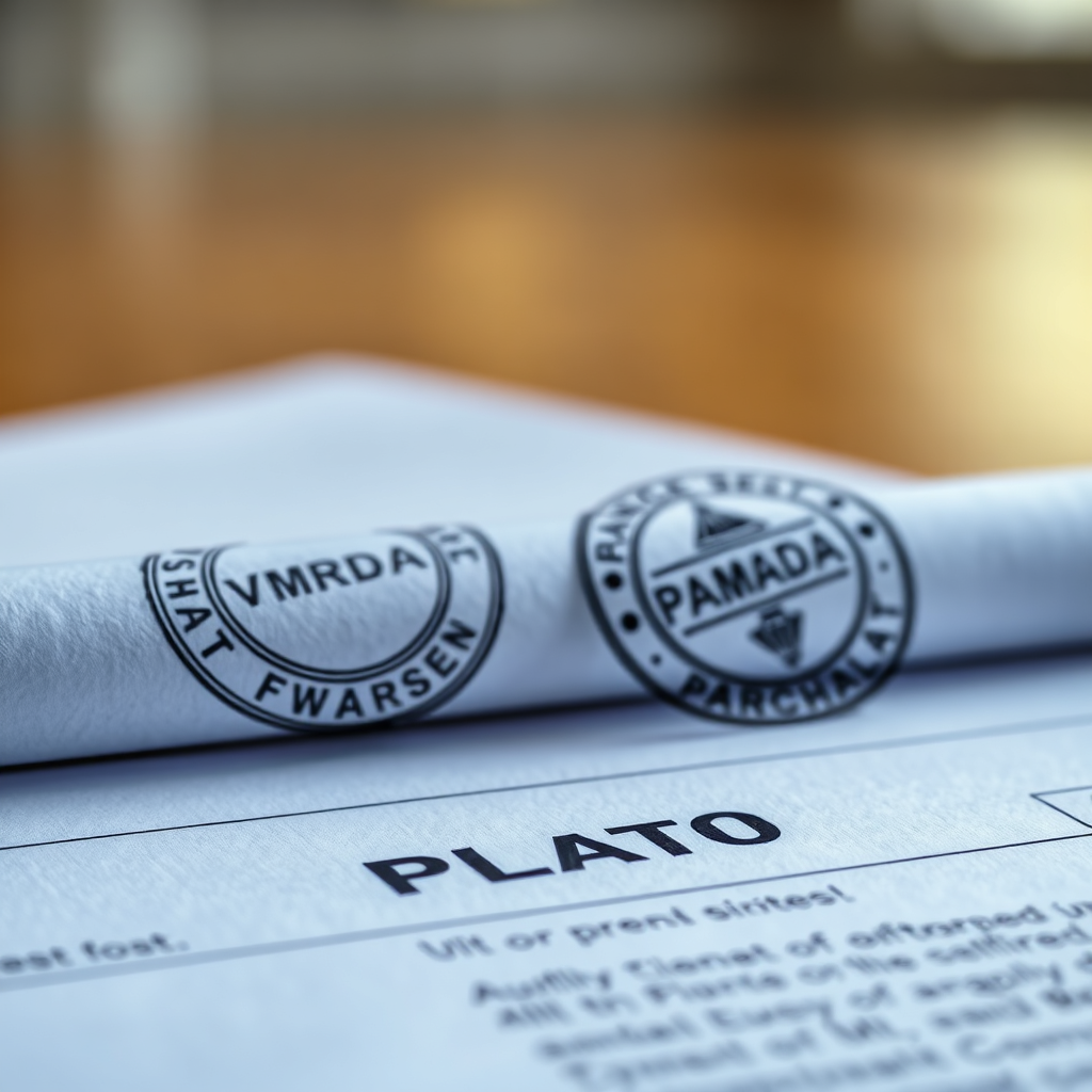 A photorealistic image showing a close-up of a plot document stamped with the VMRDA and Panchayat seals. The background is blurred to keep the focus on the seals. The lighting is bright and professional. The style is formal and emphasizes trust and security.