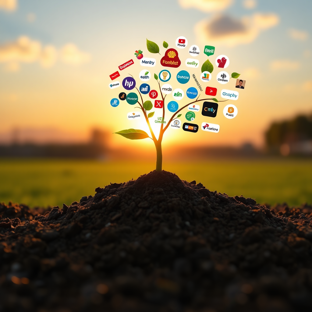 A photorealistic image showing a seed being planted in fertile soil, and then sprouting into a fully grown tree with a lot of business logos growing from the branches as leaves. The background is a beautiful sunrise. This should convey the idea of effortless growth and prosperity. 4K resolution.
