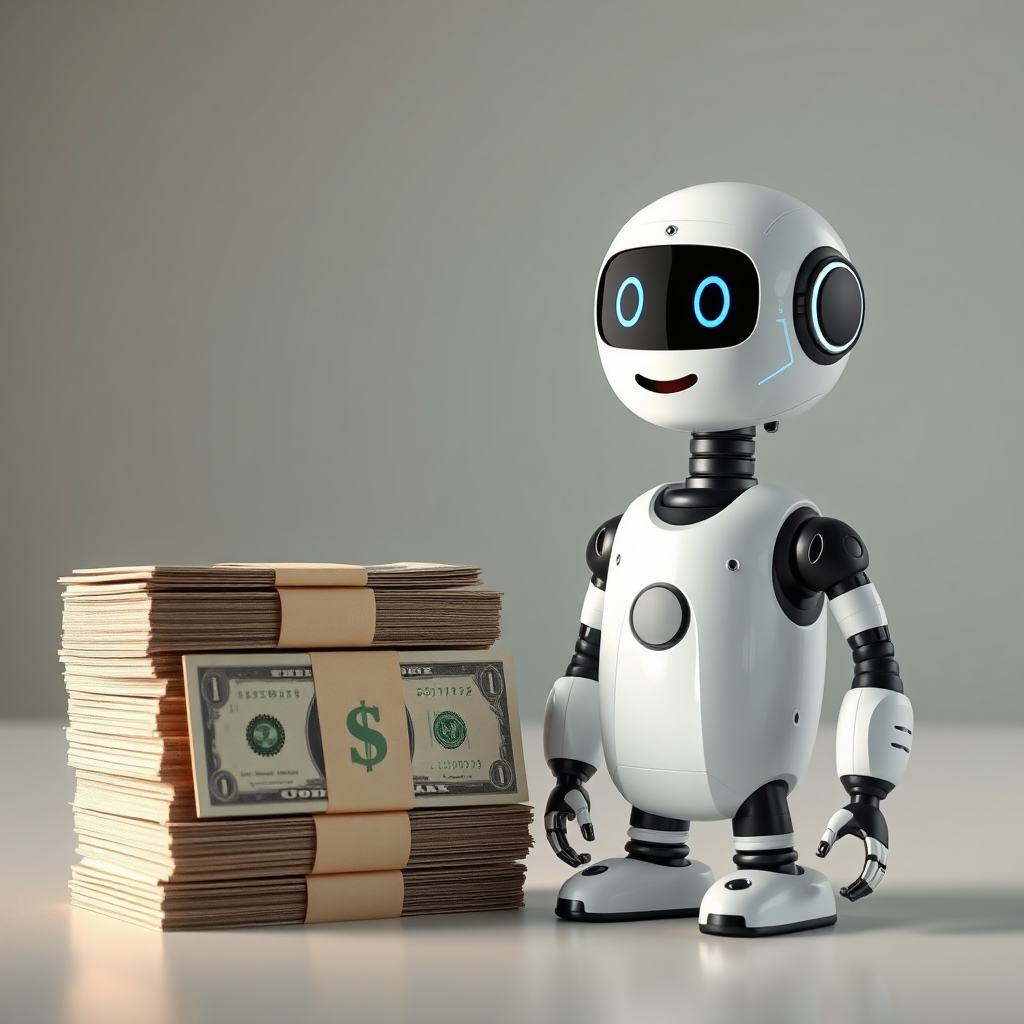 A photorealistic image showing a friendly-looking AI assistant (represented by a robot with a helpful expression) standing next to a stack of money. The money is stylized to represent value and affordability. The background is clean and professional, suggesting trust and reliability. The lighting should be warm and inviting, emphasizing the helpfulness of the AI assistant and the accessibility of the services.