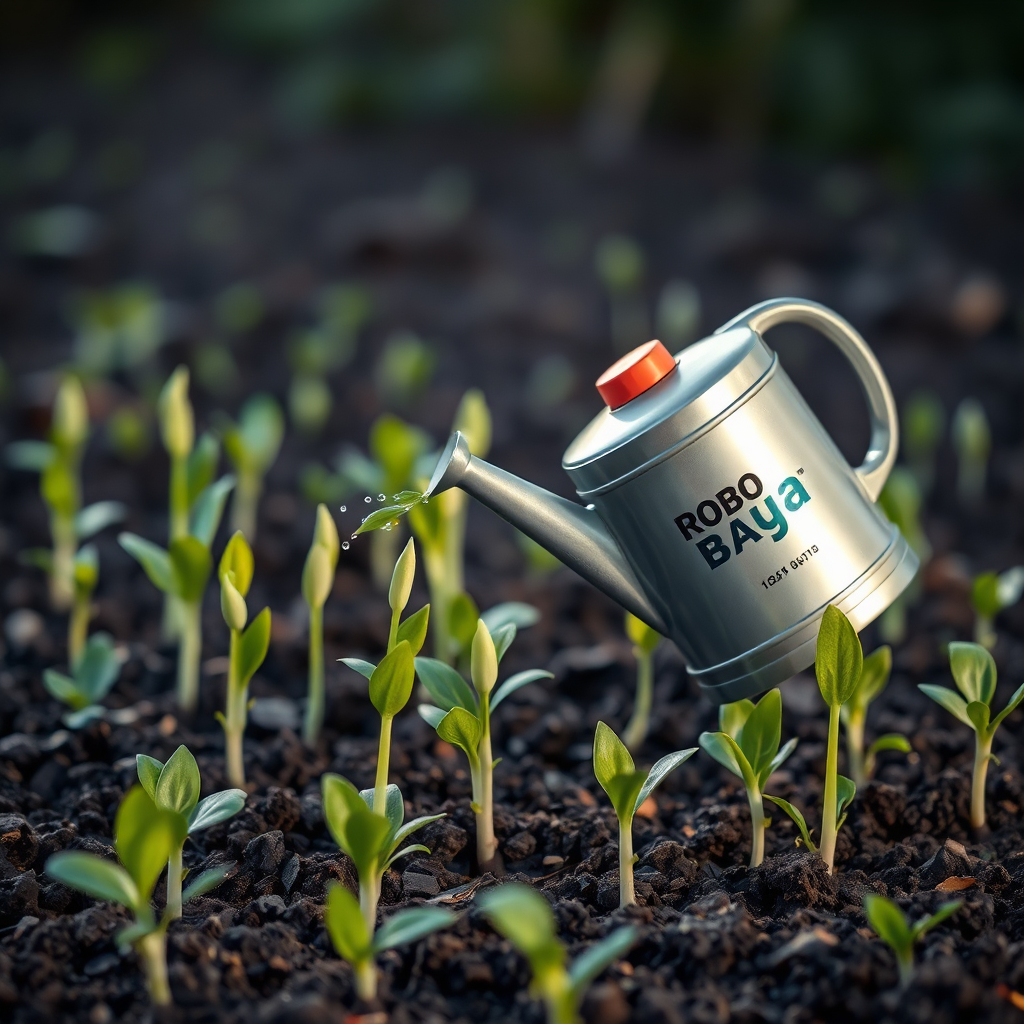 A photorealistic image showing a garden of leads sprouting from fertile ground. A watering can labeled 'Robo Bayya' gently nourishes the leads. The scene conveys a sense of growth, potential, and nurturing.