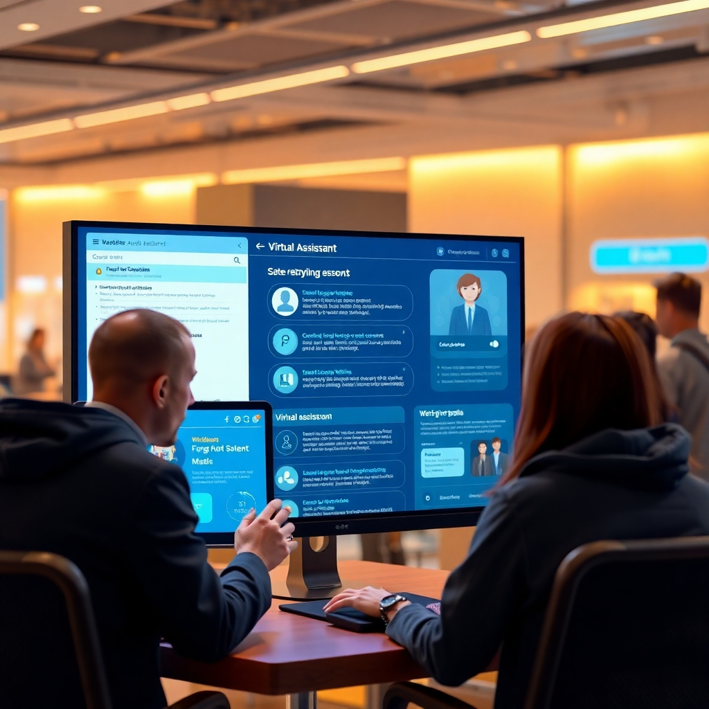 A photorealistic image showing a virtual assistant interface interacting with website visitors. The interface should be clean and intuitive, with relevant information displayed clearly. The overall look should be futuristic and professional. Lighting should be warm and inviting. Use realistic textures for the screens and devices.