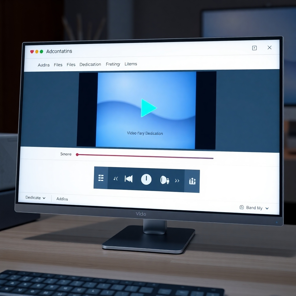 A photorealistic image showing a video file being converted into an audio file with customizable dedication options. The screen displays a user-friendly interface. Clean and modern design. Technical specs: High quality, photorealistic.