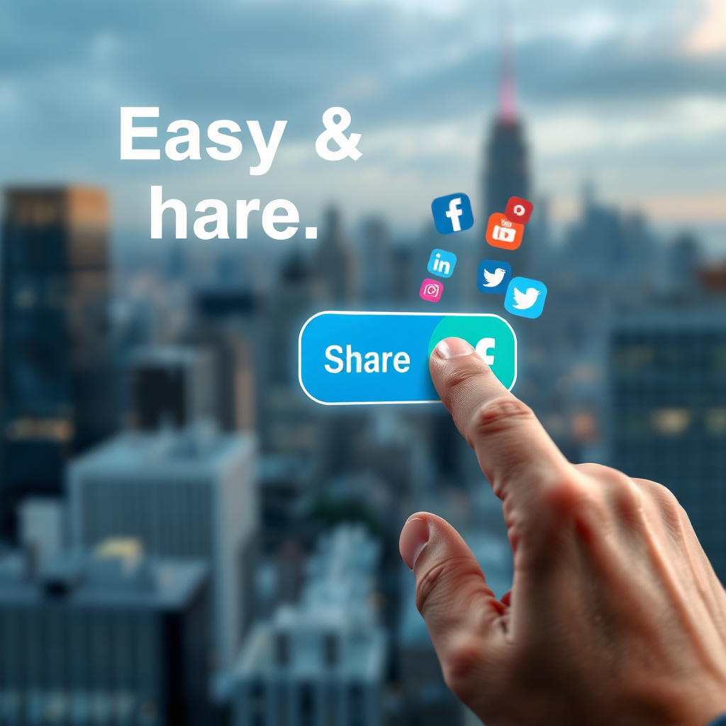 A photorealistic scene of a user clicking a share button on a website, with social media icons popping out from the button. The background features a blurred, dynamic cityscape. This illustrates easy and quick sharing. 4K resolution.