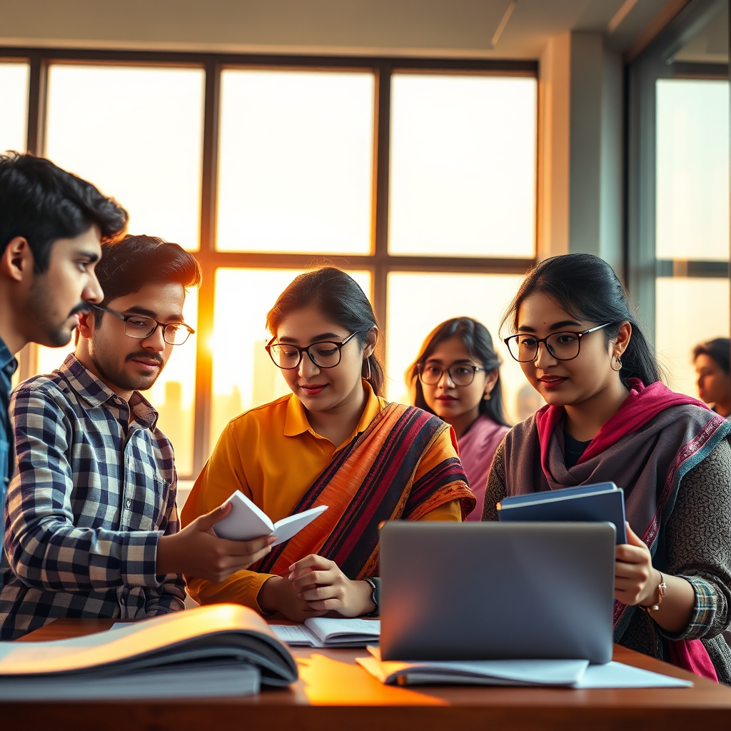 A photorealistic, ultra-high quality 8K image showcasing a diverse group of Indian students and young professionals collaboratively working on projects that symbolize progress and innovation. The setting transitions from a traditional classroom in the foreground to a modern cityscape in the background, representing the journey from education to real-world impact. Warm, inviting light filters through large windows, highlighting the determination and hope in their faces. Include textbooks, laptops, and blueprints as props. The color palette should be vibrant and optimistic, incorporating the colors of the Indian flag subtly. The camera angle is slightly low, emphasizing the subjects' ambition and forward-looking perspective. Texture details should be hyperrealistic, capturing the fine details of clothing, skin, and materials. Style reference: blending academic seriousness with youthful dynamism. Hyperrealistic rendering, 8K resolution.