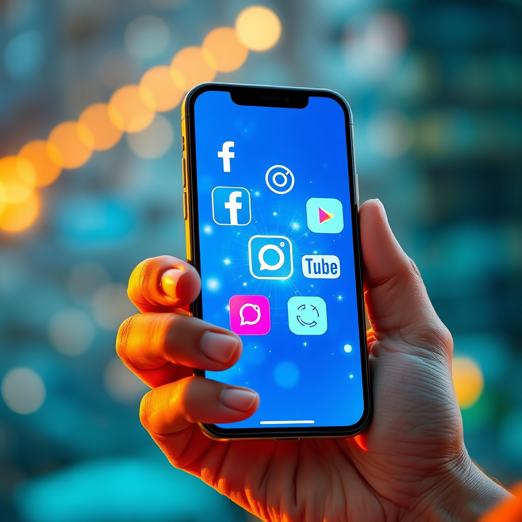 A photorealistic, ultra-high quality image of a smartphone displaying various social media logos (Facebook, Instagram, YouTube) shimmering with a futuristic, AI-generated glow. The phone is held by a confident business owner, bathed in warm, inviting light. Background should feature a blurred cityscape, hinting at local business reach. The color palette is vibrant and energetic, with blues and greens dominating. Use a shallow depth of field to focus on the phone and the hand. A soft, diffused light emphasizes the texture of the phone and the hand. Camera angle should be a slightly low angle, making the subject look powerful and innovative. Style reference: blend of stock photo realism with subtle cyberpunk elements. 8K resolution, hyperrealistic detail.