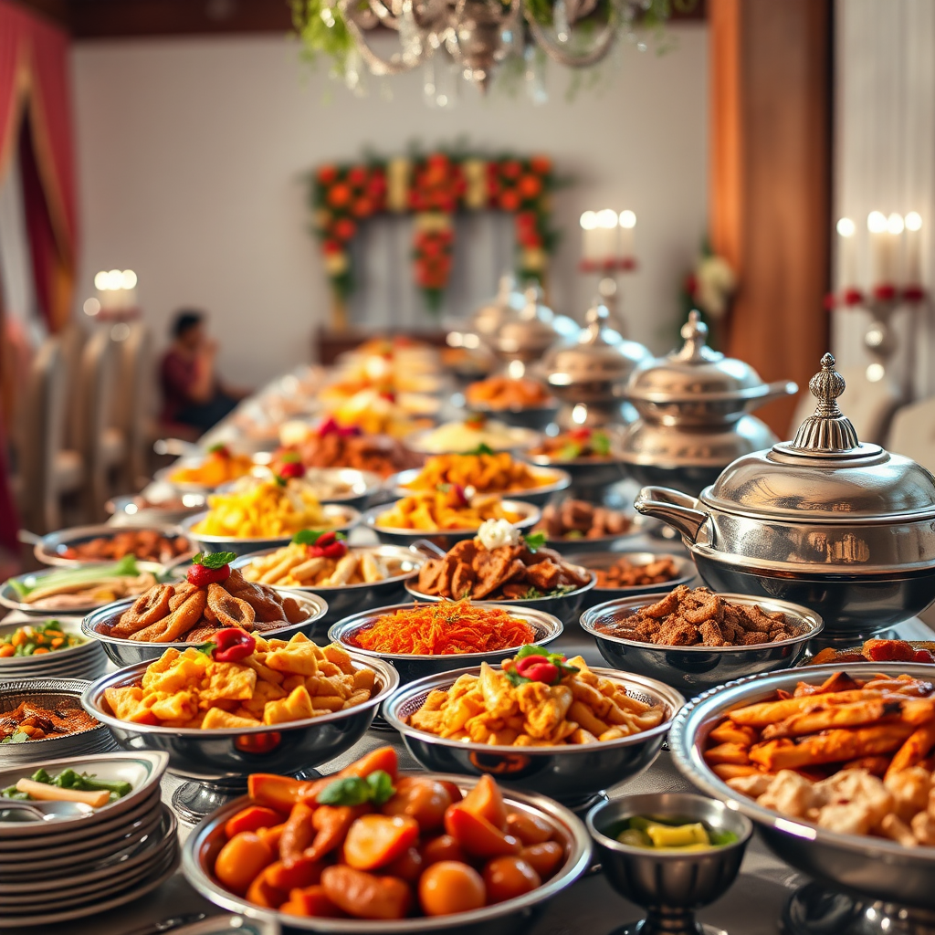 A photorealistic, ultra-high quality 8K image showcasing a lavish wedding buffet prepared by Meghana Cooking & Catering. The composition should feature a beautifully decorated table laden with an array of delectable vegetarian and non-vegetarian dishes, reflecting Indian culinary traditions. Soft, warm lighting bathes the scene, highlighting the vibrant colors and intricate textures of the food. Focus should be on the artistry and presentation of the dishes. In the background, subtle hints of a traditional Indian wedding celebration are visible, creating a sense of festivity and elegance. The camera angle should be slightly elevated, providing a comprehensive view of the spread. Style reference: Similar to the food photography of Steve McCurry, emphasizing authenticity and vibrant colors. Props should include elegant serving dishes, ornate silverware, and delicate floral arrangements. The environment should evoke a sense of warmth, luxury and joyous occasion.