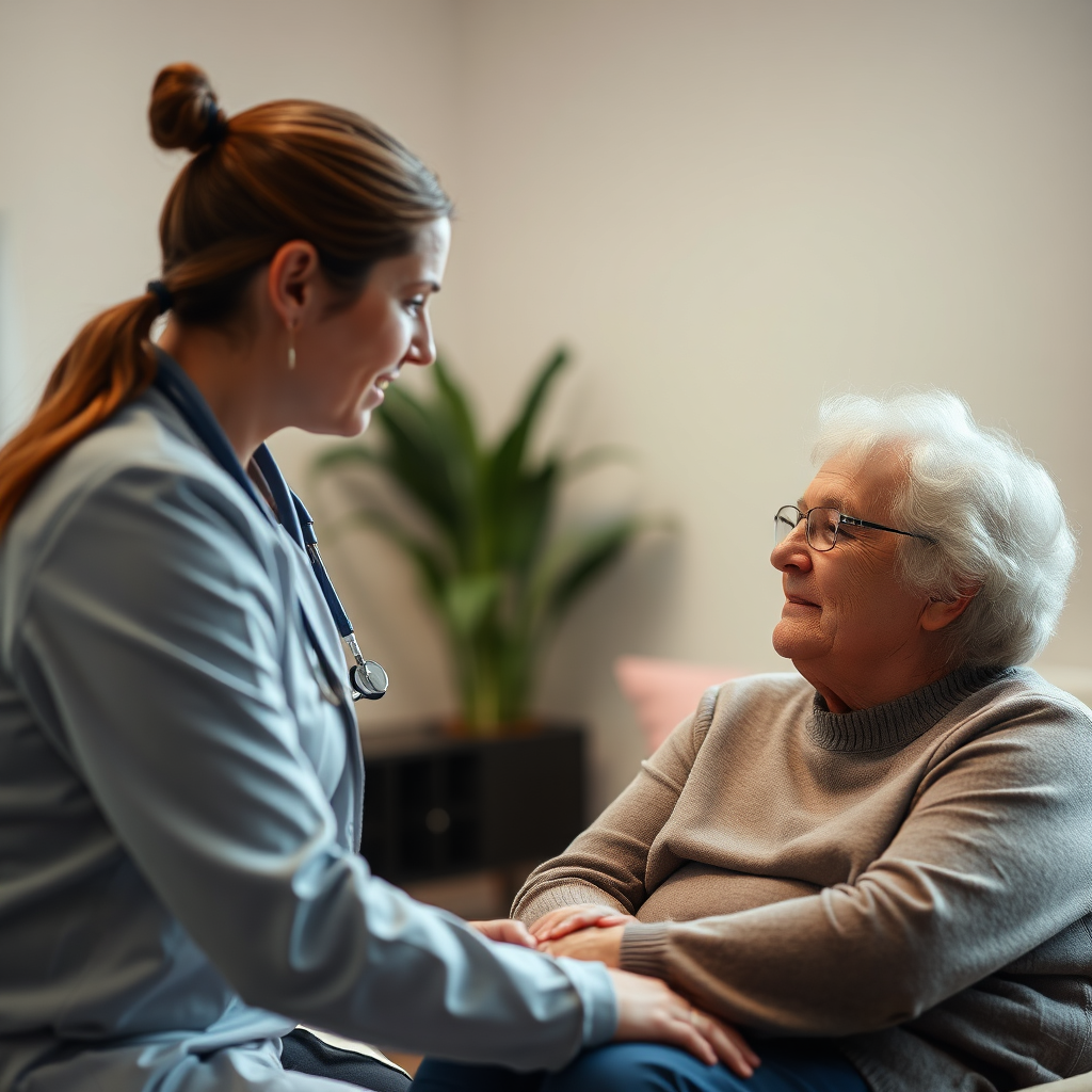 A physiotherapist listening attentively to a patient's concerns during a consultation. The setting is a calm, supportive environment. Focus on the connection and empathy between the healthcare provider and the patient. Lighting should be soft and understanding. Color palette: Warm, reassuring tones. Camera angle: Close-up, emphasizing the interaction. Style: Empathetic, patient-focused medical imagery. Technical Specs: 4K, High-quality.