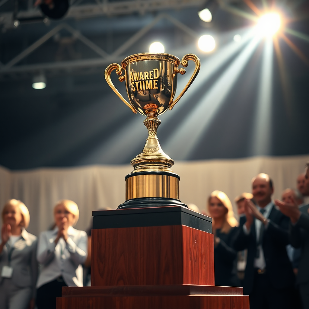A prestigious award trophy on a pedestal, with beams of light shining on it. In the background, there are satisfied customers applauding. This signifies enhanced credibility. 4K resolution.