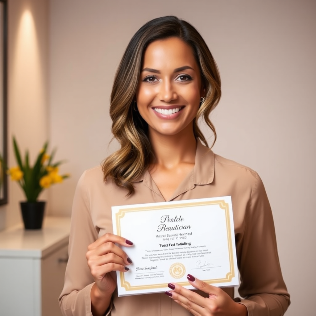 A professional headshot of a smiling beautician holding her certification. The background is clean and professional, with subtle lighting that accentuates her expertise and approachability. The color palette is warm and inviting, with shades of gold and beige. The image conveys trust and reliability, assuring viewers that they are in good hands.