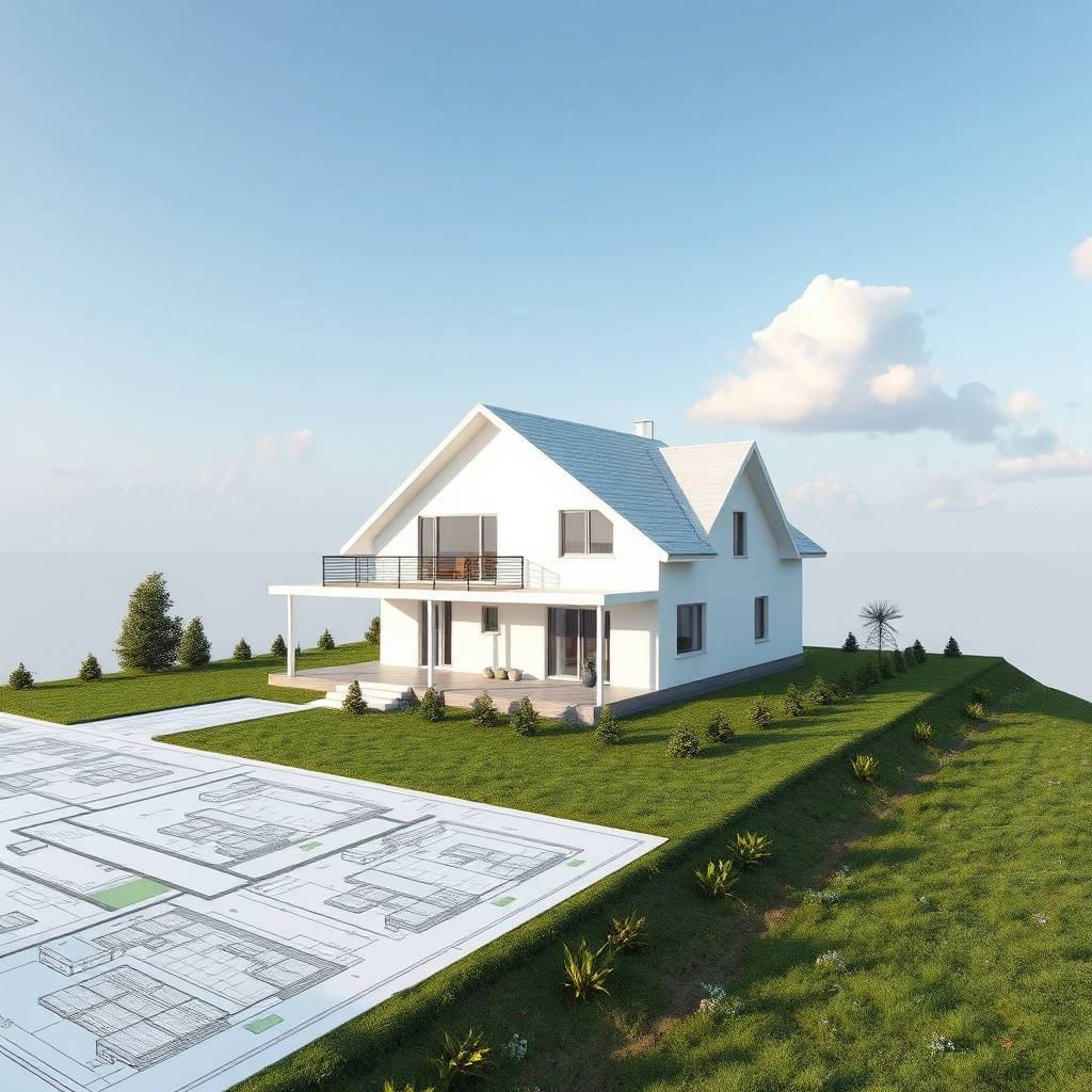 A rendering of a house on a building plan on top of a plot land. 4K, photorealistic.