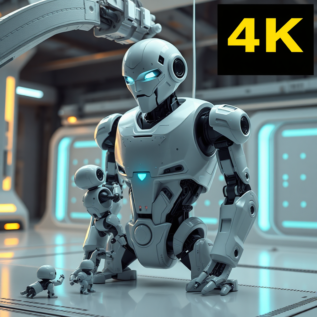 A scene showcasing a robot receiving an upgrade. The robot is being worked on by smaller robots, all in a futuristic setting. This visually symbolizes constant improvement. 4K resolution.
