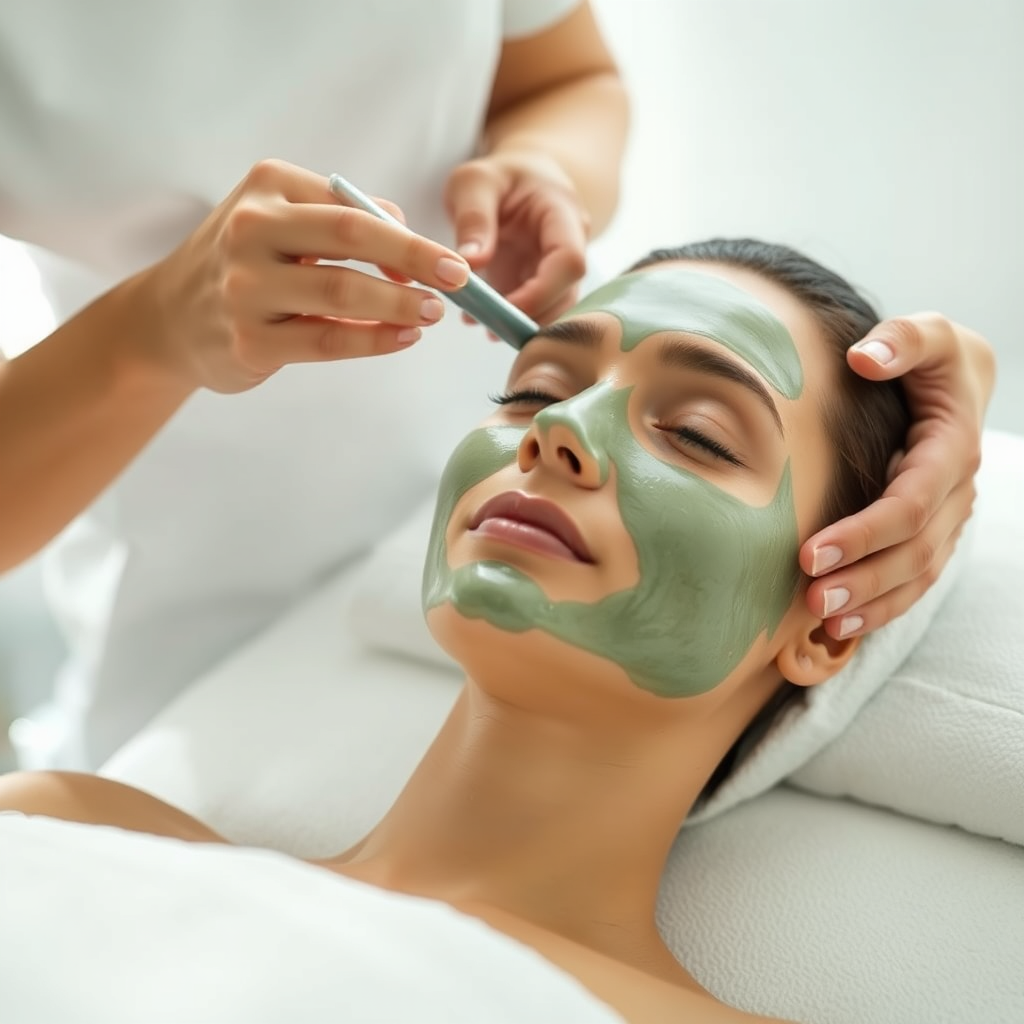 A serene image of a woman receiving a facial treatment in a relaxing spa environment. The beautician is applying a soothing mask to the client's face. The lighting is soft and diffused, creating a tranquil atmosphere. The color palette is calming and natural, with shades of green, blue, and white.