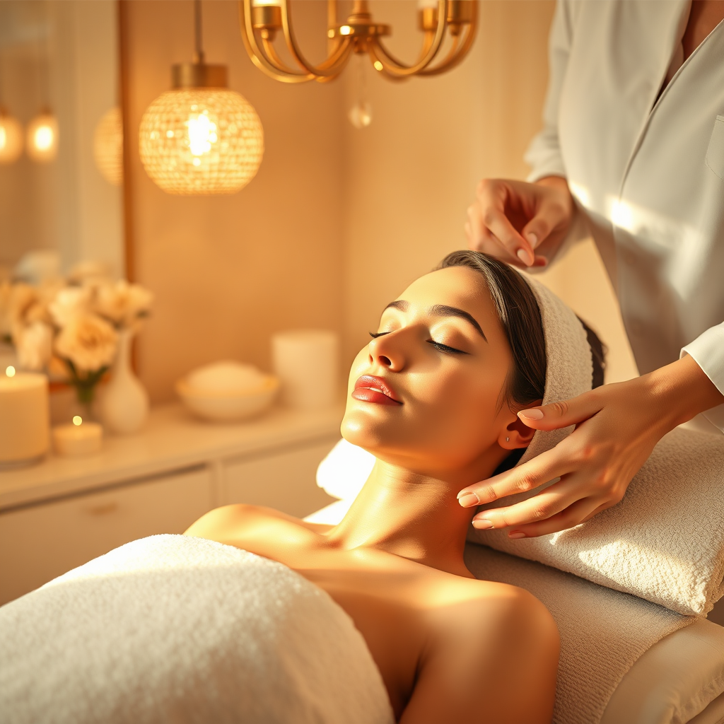 A serene photorealistic image of a woman receiving a facial treatment in a luxurious beauty parlor setting. Soft lighting, relaxing music, and soothing aromatherapy contribute to the tranquil atmosphere. The color palette is warm and inviting, with shades of beige, cream, and gold. The composition is balanced and harmonious, conveying a sense of peace and tranquility. The image should evoke feelings of relaxation and rejuvenation, inviting viewers to escape the stresses of everyday life.