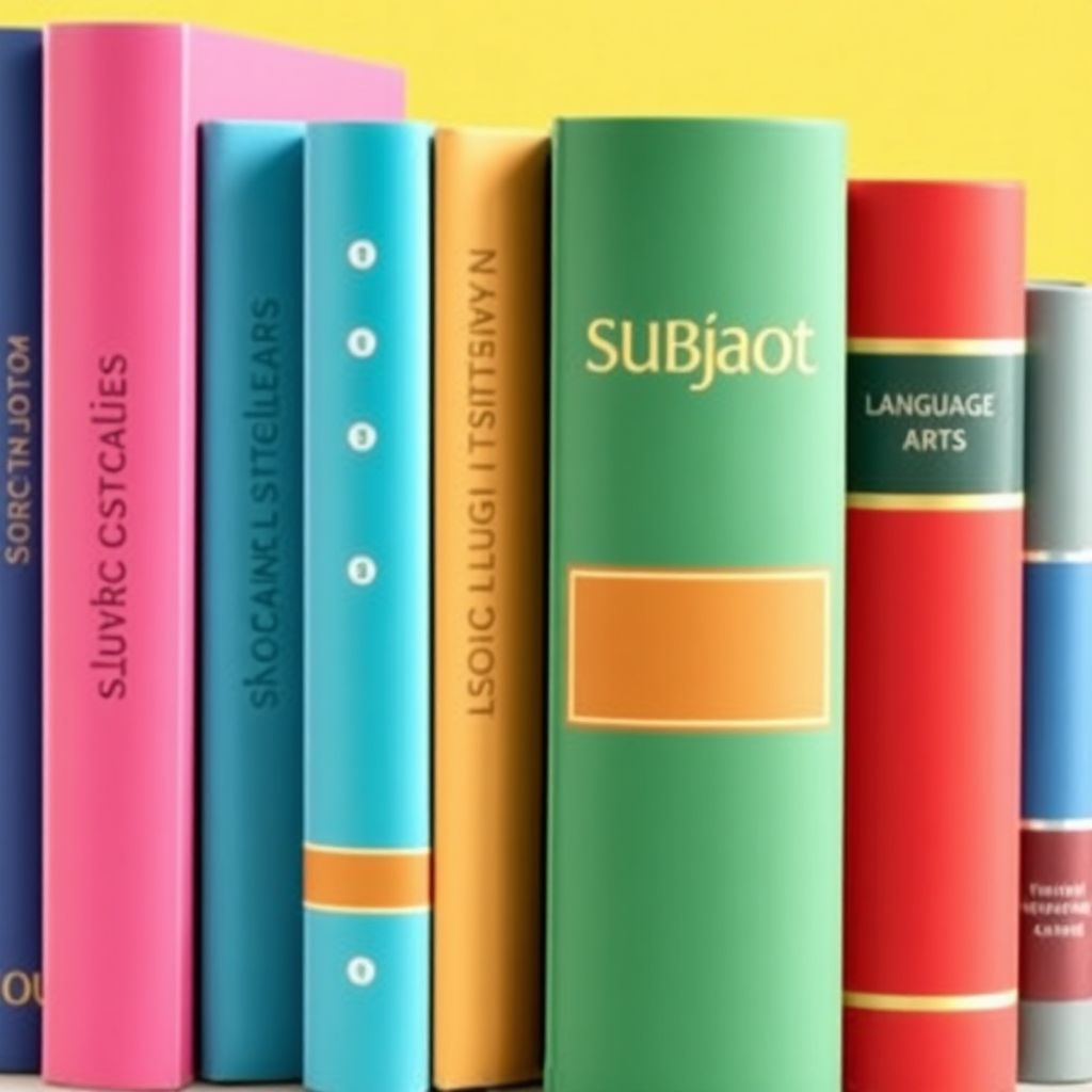 A set of textbooks representing different subjects (math, science, language arts, social studies). The textbooks are neatly arranged and visually appealing. Use a color palette of bright and cheerful colors to represent the diversity of subjects. Style is clean and modern.