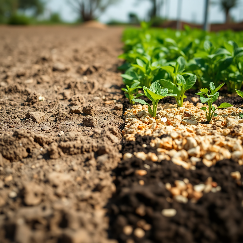 A split-screen image showing barren soil on one side and lush, fertile soil enriched with organic amendments on the other. Focus on contrast. Bright lighting. 4K resolution.