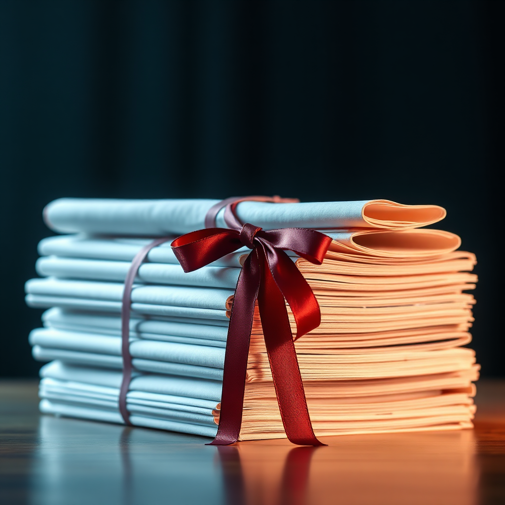 A stack of legal documents tied with a ribbon, representing legal compliance and security. Use warm, professional lighting. 4K, stylized.