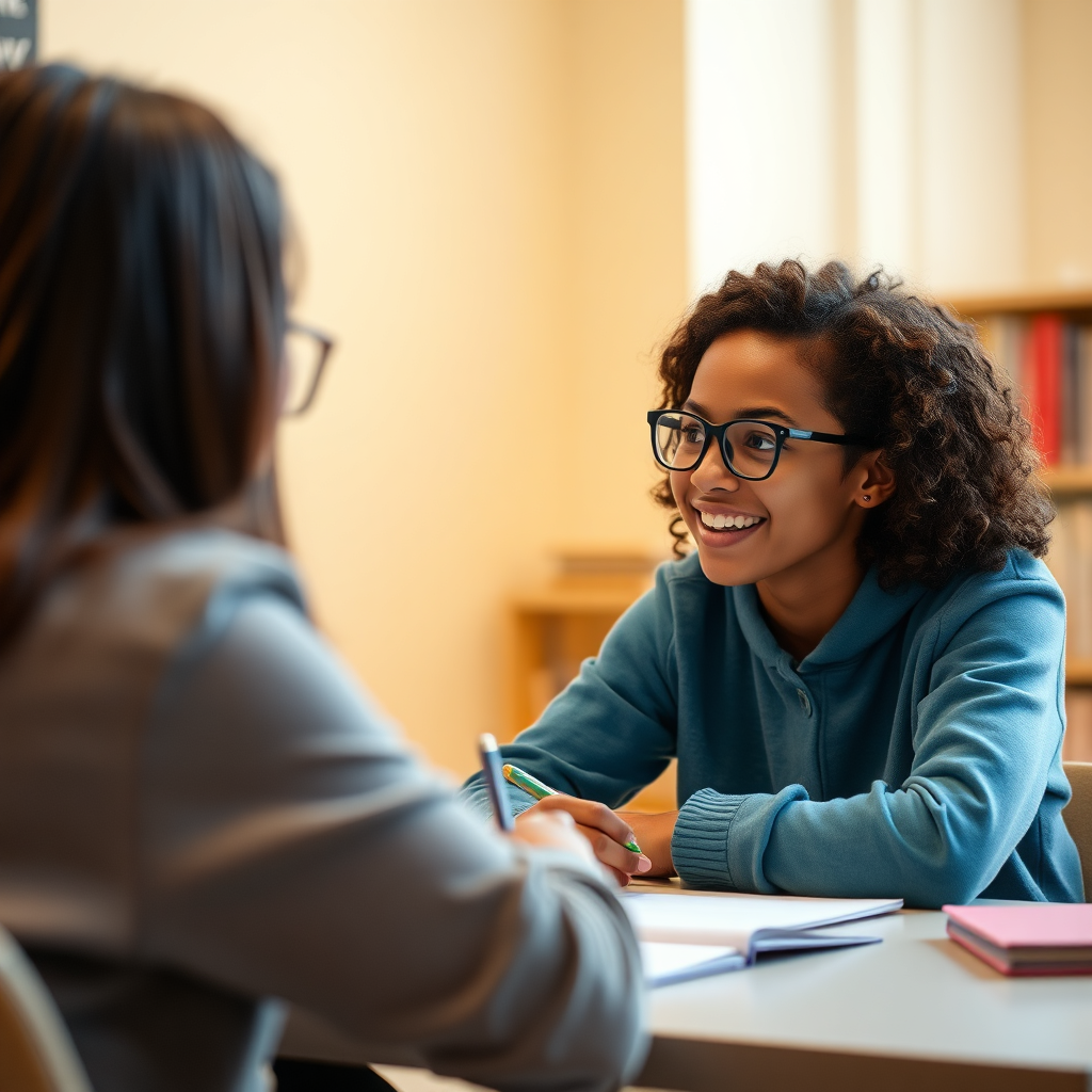 A student receiving one-on-one academic coaching from a tutor. The setting is a quiet study environment. Focus on the positive and supportive interaction. Warm lighting, 4K resolution.
