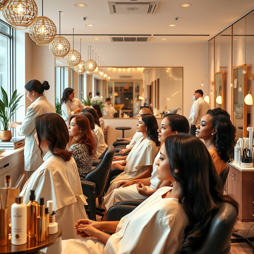 A stunning, photorealistic 8K image showcasing the essence of a modern beauty parlor experience. The composition should feature a diverse group of individuals enjoying various beauty treatments, such as hairstyling, makeup application, and skincare. Soft, diffused lighting should create a relaxing and inviting atmosphere. The color palette should be warm and inviting, with accents of gold and pastel colors. A wide-angle shot should capture the entire scene, highlighting the clean and stylish interior of the parlor. Textures should be highly detailed, showcasing the quality of the products and the expertise of the beauticians. In the background, subtle elements like plants and elegant decor should add to the ambiance. Style reference: Modern, luxurious beauty editorials. The image should convey the message of convenience, trust, and personalized care, embodying the promise of 'top beauty parlor service near your area'.