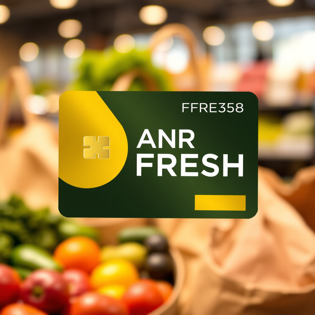 A stylish, modern design featuring a golden ANR FRESH membership card. The card is partially revealed, showcasing a blurred background with shopping bags and fresh produce. Use warm, inviting lighting.