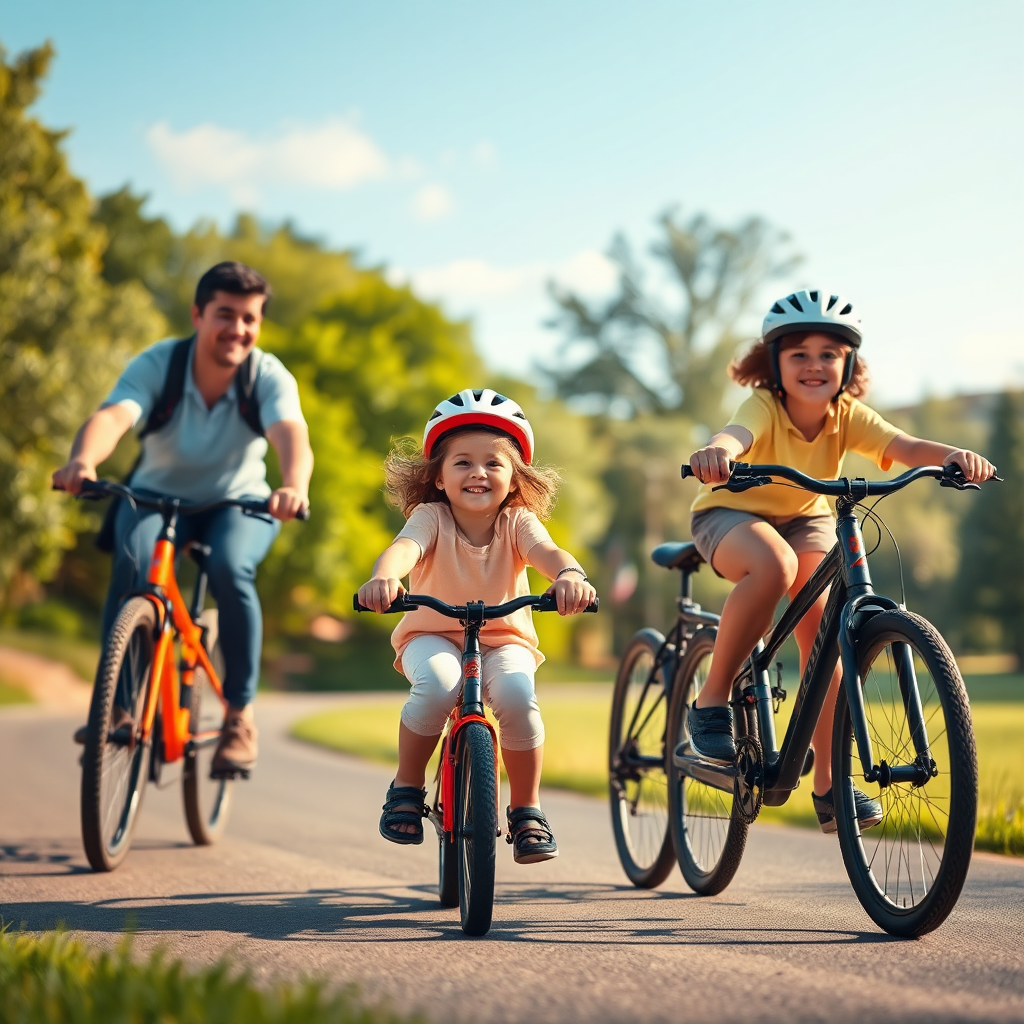 A stylized 4K image depicting a family enjoying a bike ride in a scenic park. The family consists of parents and two children, one riding a small children's bike and the other an electric bike. The bikes are all from different brands available at Cycle Zone, showcasing the diversity of options. The background features lush greenery and a clear blue sky, creating a sense of freedom and well-being. The lighting should be warm and inviting, casting long shadows and highlighting the joy on the family's faces. The image should be slightly stylized, with a painterly effect and soft color palette. Focus on capturing the emotional connection between the family members and their love for cycling. Include subtle details like helmets and comfortable cycling attire to reinforce the safety and comfort aspects. The camera angle should be low, capturing the family from a child's perspective, adding a sense of wonder and excitement.