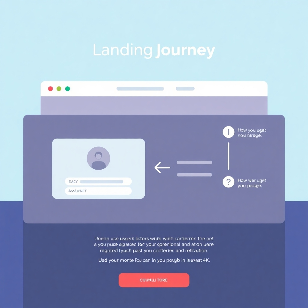  A stylized graphic showing the user journey on a landing page. Use arrows and visual cues to illustrate how users navigate the page, leading to a conversion point. The style should be modern and clean, using a color palette that is both visually appealing and easy to read. Resolution should be at least 4K.
