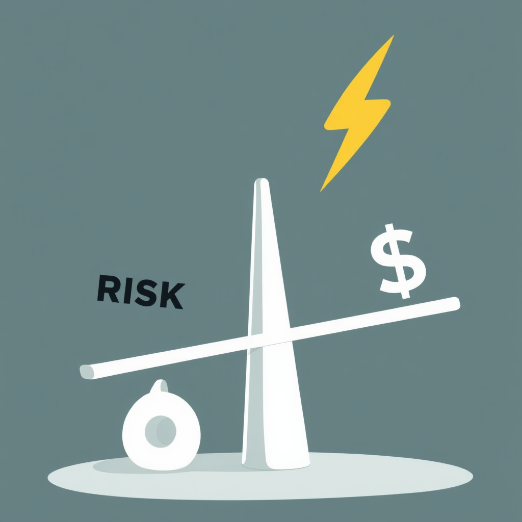 A stylized illustration of a seesaw with a risk icon (lightning bolt) on one side and a return icon (dollar sign) on the other. The seesaw is balanced, representing the balance between risk and return.