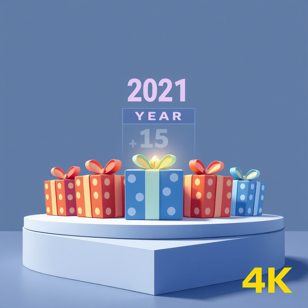 A stylized illustration of five gift boxes opening, each revealing a small upgrade icon. The gifts are arranged on a platform with a backdrop that shows a calendar highlighting the first year. 4K resolution.