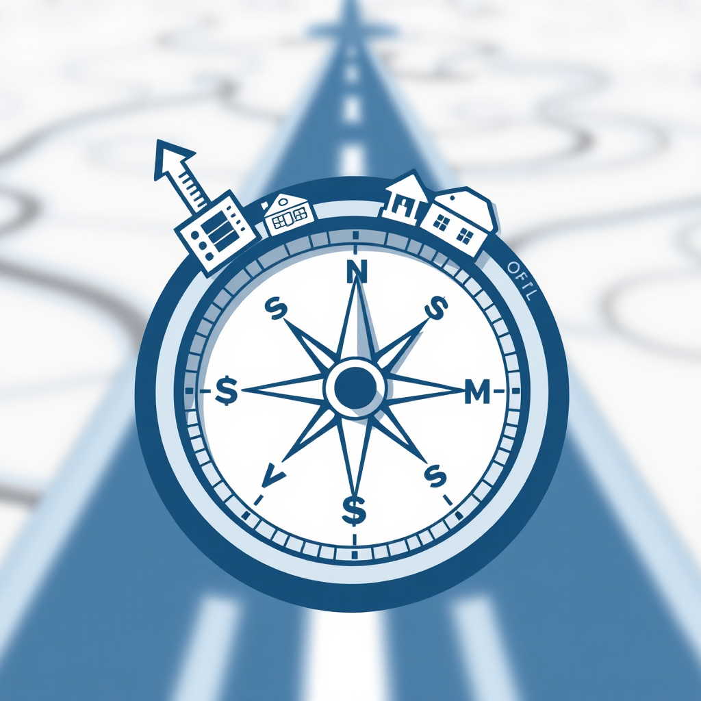 A stylized image depicting a compass pointing towards a specific financial goal. The compass is surrounded by various investment icons, such as stocks, bonds, and real estate. The background is a blurred image of a roadmap. The color palette is predominantly blue and white, symbolizing direction and clarity. Style: Minimalist illustration with a focus on navigation. Technical specs: 4K resolution, high quality detailing.