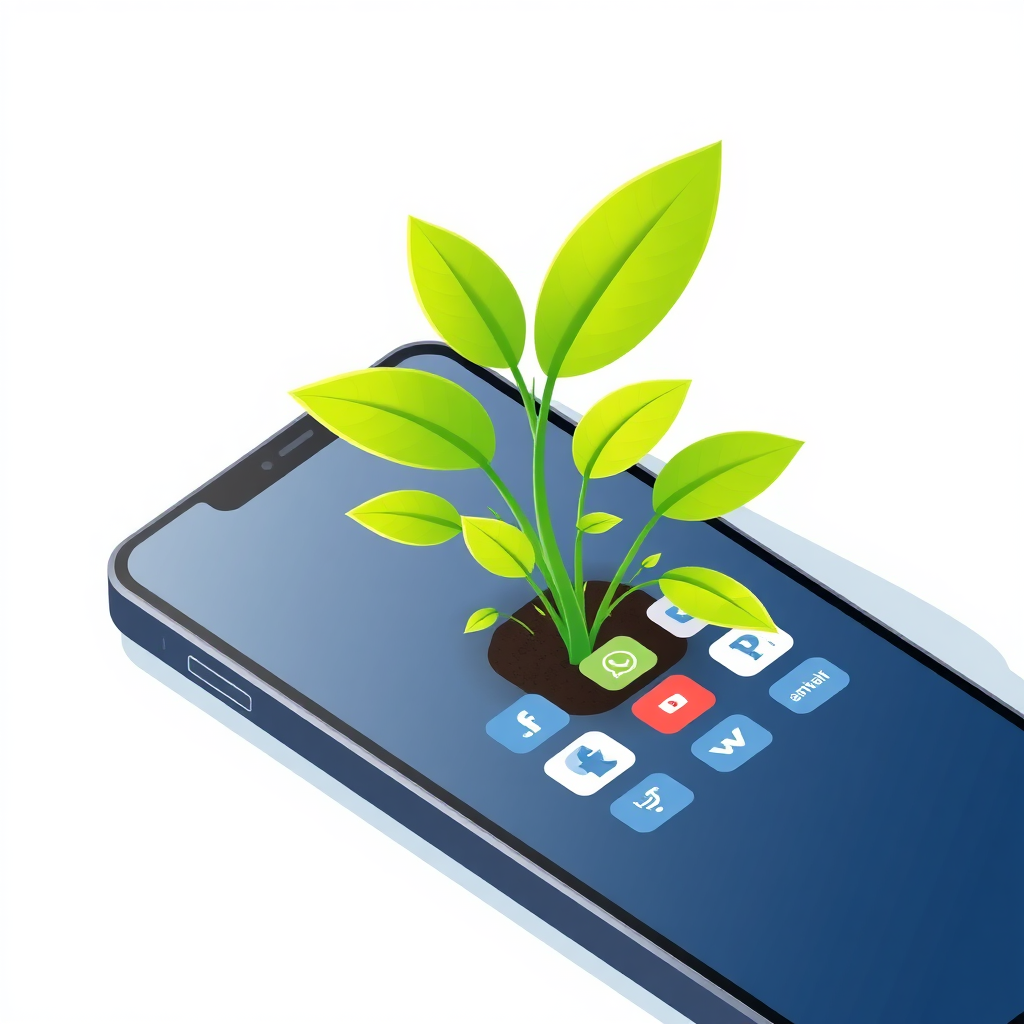 A stylized image depicting a growing plant emerging from a smartphone screen, representing business growth through AI marketing. The plant is vibrant green and lush, symbolizing prosperity. The smartphone screen displays various social media icons. The background is a clean, minimalist design in light blue and white. The image should convey a sense of innovation, growth, and affordability. A slightly elevated camera angle captures the entire scene. Style reference: blend of flat illustration and photorealistic elements. 4K resolution, high quality, sharp details.