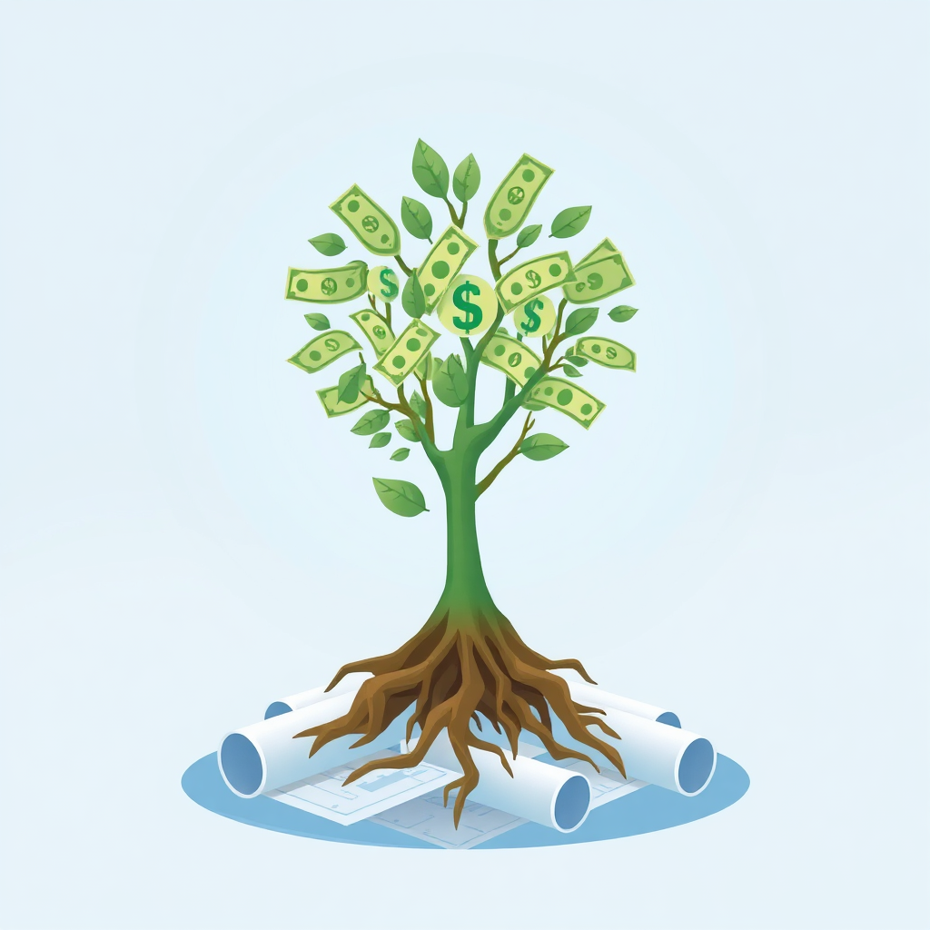 A stylized image depicting a growing tree with its roots firmly planted in a foundation of blueprints. The leaves of the tree are made of money, symbolizing financial growth. The background is a soft, gradient blue. The style is clean and modern, emphasizing stability and prosperity.