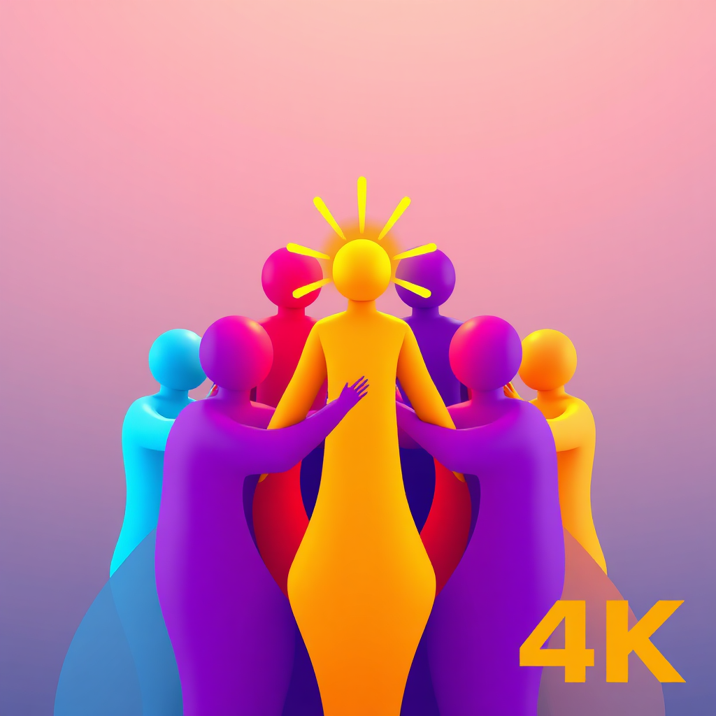 A stylized image depicting a group of interconnected figures, forming a strong and supportive structure. The central figure is highlighted with a golden aura, representing leadership. The color palette is vibrant and dynamic. Style: Modern, abstract design. Technical specs: 4K resolution, high-quality rendering.