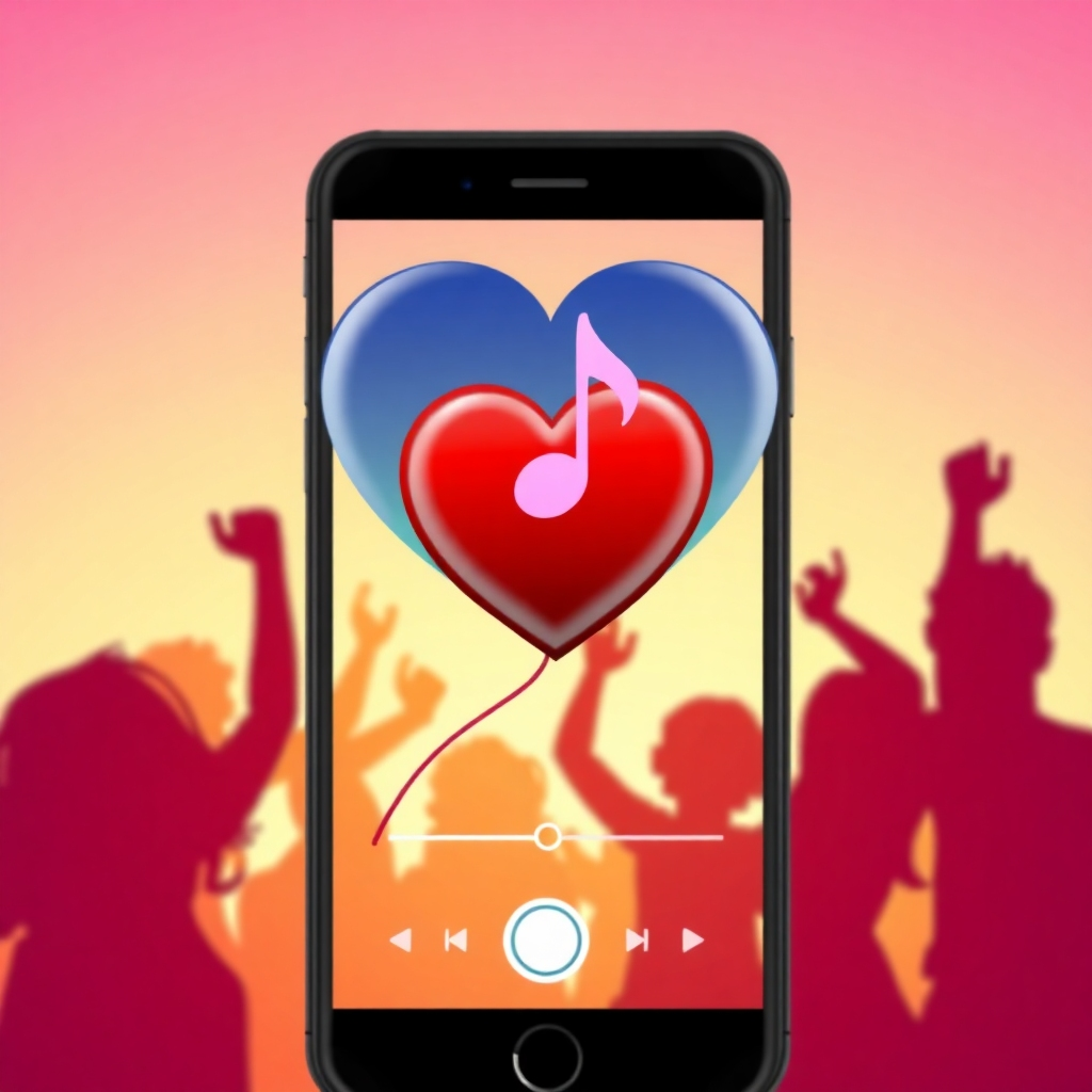 A stylized image depicting a heart-shaped music note flowing from a phone screen, representing a personalized video dedication. The background shows silhouettes of happy people. Vibrant, warm colors. Soft lighting. Style: Modern and playful. Technical specs: High quality, stylized.