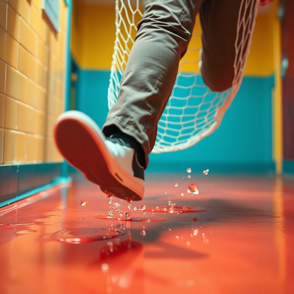 A stylized image depicting a person slipping on a wet floor, but being caught by a safety net representing health insurance. Bright, contrasting colors. Dynamic composition. Close-up shot. Focus on the moment of impact and the safety net. 4K resolution, high quality.