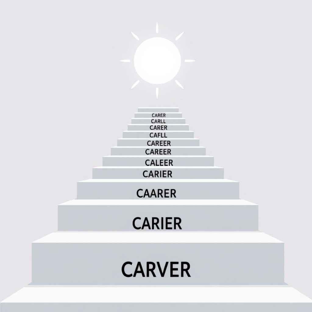 A stylized image depicting a staircase leading upwards, with each step representing career milestones. The top step leads to a sunny, open space symbolizing success. The image is modern and aspirational.