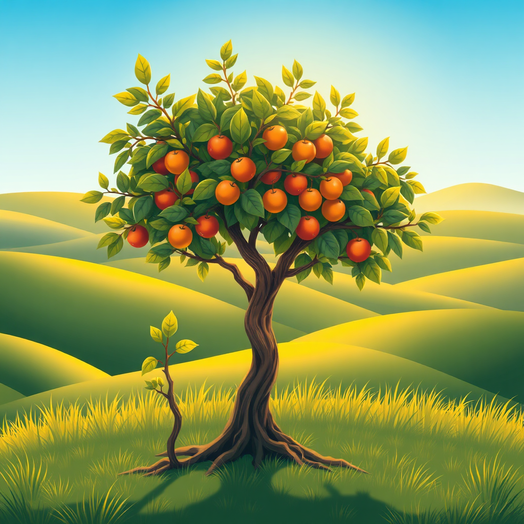 A stylized image depicting a sapling growing into a strong, mature tree. The tree is laden with fruits and leaves, symbolizing long-term growth and prosperity. The background is a lush green landscape with rolling hills and a clear blue sky. The lighting is warm and golden, creating a sense of abundance and potential. The overall impression is one of growth, stability, and prosperity. Style: Illustration with a touch of realism. Technical specs: 4K resolution, high quality detailing.