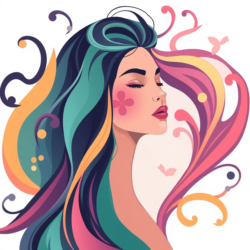 A stylized image depicting a woman surrounded by swirling elements representing hair, skin, and overall wellbeing. The colors are vibrant and interconnected, symbolizing the holistic approach to beauty. Soft, ethereal lighting. The style leans towards abstract illustration.