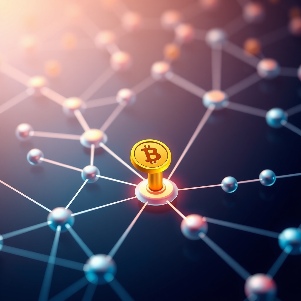 A stylized image depicting interconnected nodes representing a network, with glowing lines connecting them. The central node is highlighted with a gold coin symbol. The color palette is modern and tech-inspired. Style: Abstract, network visualization. Technical specs: 4K resolution, high-quality rendering.