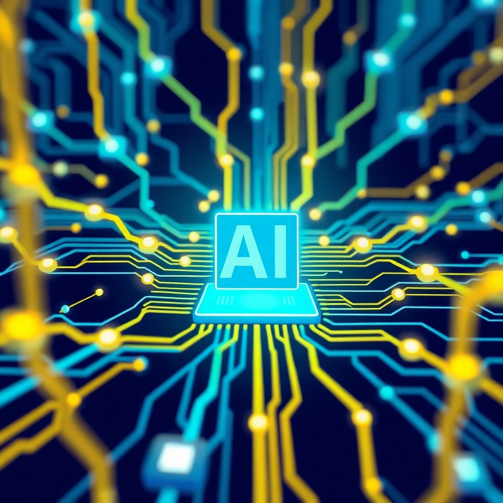 A stylized image depicting interconnected nodes and circuits forming a network, with a central AI core glowing brightly. Use a vibrant color palette, emphasizing blues, greens, and gold. The style should be clean and modern, perhaps inspired by circuit board designs. The camera angle should be slightly elevated to showcase the interconnected nature of the network.  Technical specs: 4K resolution, high quality.