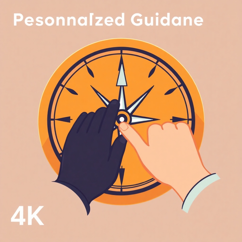 A stylized image depicting personalized guidance. A compass is shown pointing towards a specific direction, with a guiding hand leading the way. The color palette is warm and inviting, representing support and encouragement. 4K resolution, high quality.