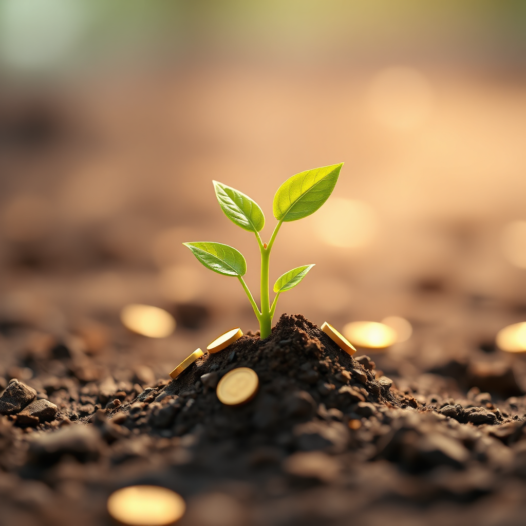 A stylized image featuring a sprouting plant with leaves made of gold coins, rooted in fertile soil representing land. The lighting is bright and optimistic, symbolizing growth and prosperity. Background should be blurred to focus on the central image. Style: Modern, minimalist design with a focus on symbolism. Technical specs: 4K resolution, high-quality rendering.