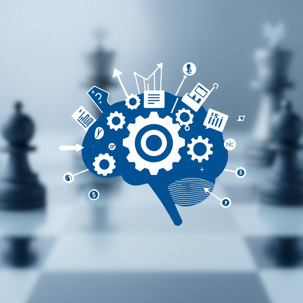 A stylized image of a brain with gears turning inside, symbolizing intelligent decision-making. The brain is surrounded by various financial icons and charts. The background is a blurred image of a chessboard. The color palette is predominantly blue and gray, symbolizing intelligence and strategy. Style: Minimalist illustration with a focus on cognitive function. Technical specs: 4K resolution, high quality detailing.
