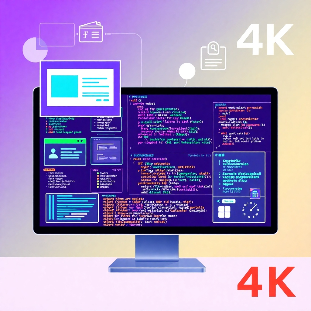 A stylized image of a computer screen displaying various software interfaces and coding elements. Use a vibrant, modern style. 4K resolution