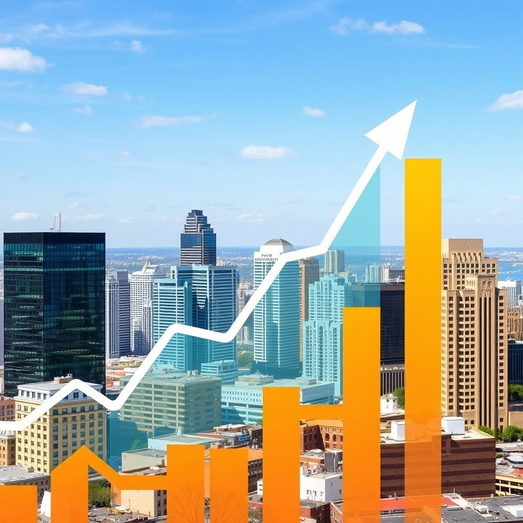 A stylized image of a graph with upward-trending lines representing business growth, overlaid on a cityscape with commercial buildings. The image should convey financial success and expansion.