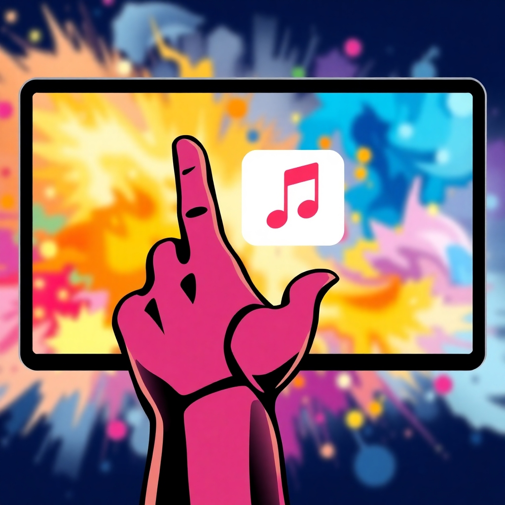 A stylized image of a hand reaching out to a screen with a music note icon, symbolizing the act of requesting music. The background is abstract and colorful, representing the vastness of music. Vibrant, dynamic colors. Style: Modern and interactive. Technical specs: High quality, stylized.