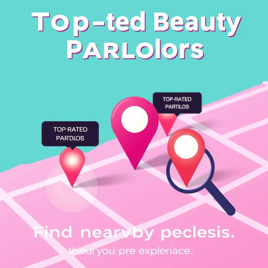 A stylized image of a map with glowing pins indicating top-rated beauty parlors. The color palette is vibrant, with shades of pink, purple, and teal. The composition is clean and modern, emphasizing ease of navigation and discovery. The style is minimalist and visually appealing, focusing on the simplicity of finding nearby salons. A subtle icon of a magnifying glass reinforces the concept of search and discovery. The image should convey a sense of excitement and anticipation, promising a delightful beauty experience.